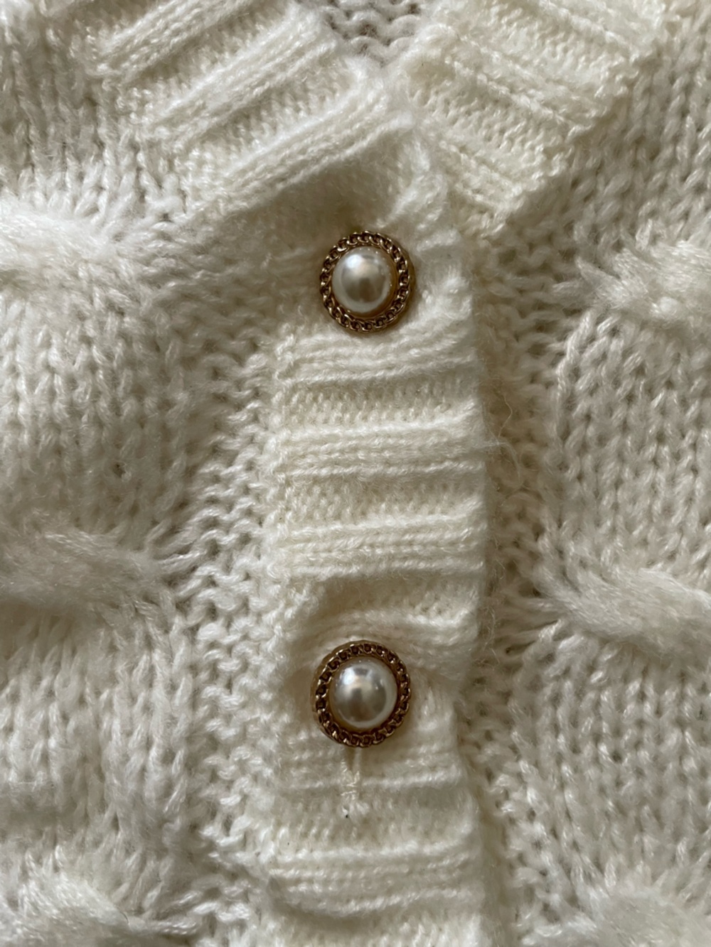 White Cable Knit Women's Sweater Cardigan with Pearl Buttons